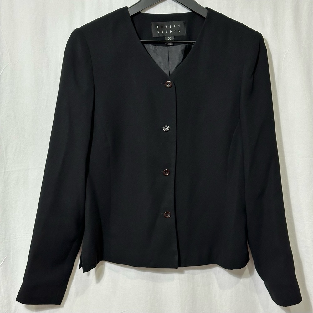 Vintage Black Finity Studio Collarless Blazer/Jacket V-neck Size 8